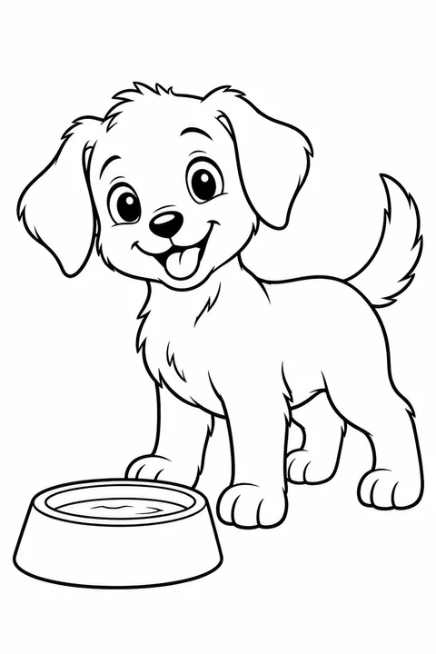 A puppy standing beside a water bowl