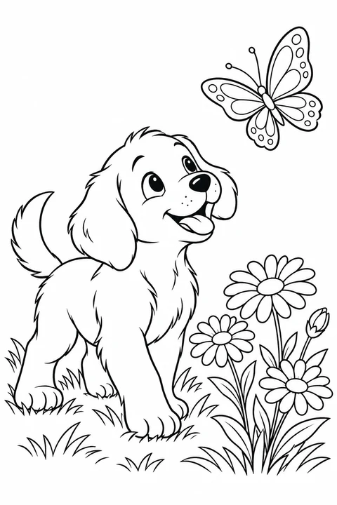 A puppy watching a butterfly above daisies