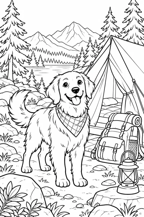 A dog beside a camping tent backpack and pine trees, no fire