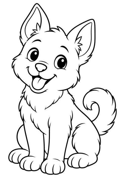 A cheerful puppy sitting with two pointed ears and a curled tail