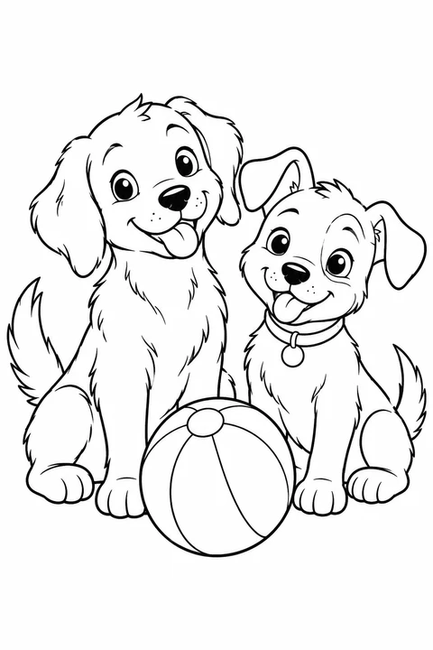 Two distinct puppies sitting side by side beside a large ball