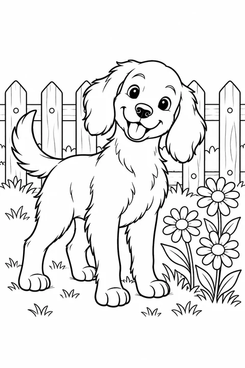 A floppy-eared dog beside three flowers and a garden fence