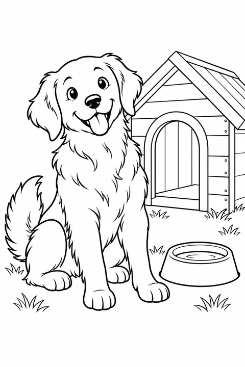 A dog sitting beside a simple wooden doghouse and water bowl