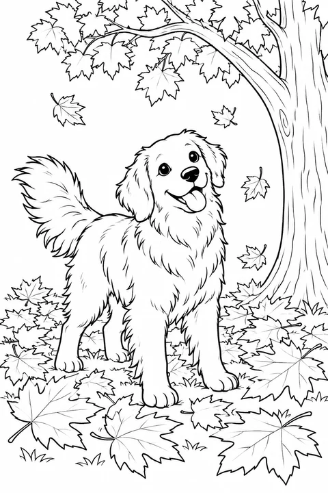A fluffy dog among large fallen maple leaves beneath a tree