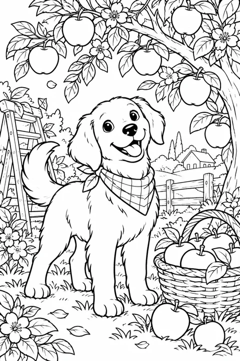 A dog among patterned apple tree branches and a fruit basket