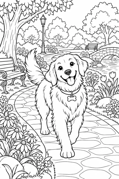 A dog on a winding park path with benches trees and flowers