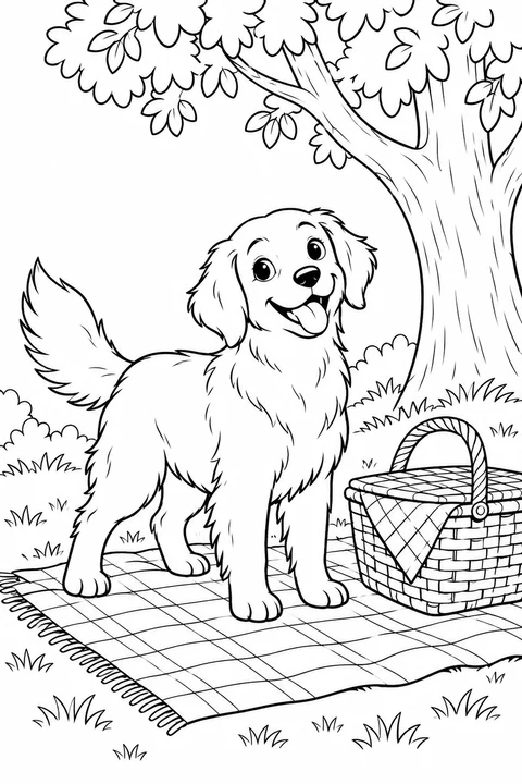 A dog beside a picnic basket on a blanket with a tree behind