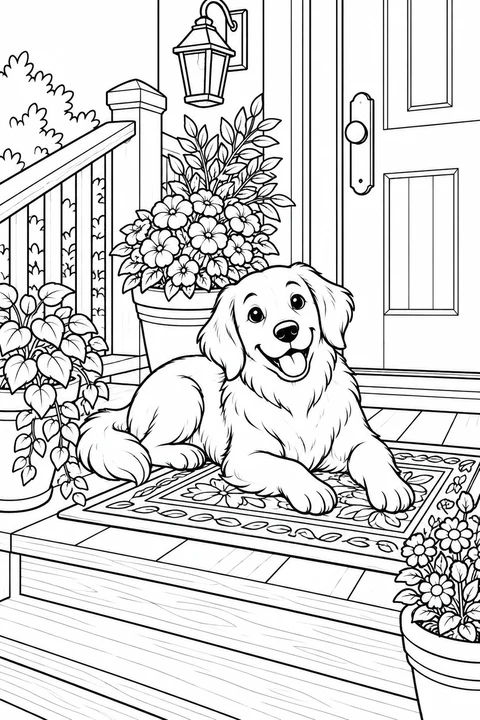 A dog resting on a porch beside plant pots, wooden steps and a patterned mat