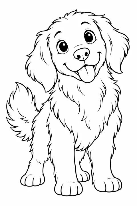 A fluffy dog sitting with its tail curled to one side