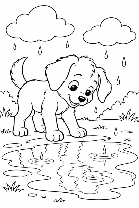 A puppy watching a broad puddle with a few raindrops and clouds