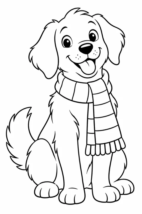 A sitting dog wearing a simple scarf with large stripes