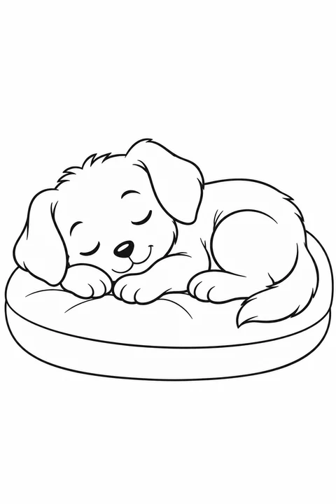 A puppy curled asleep on a simple oval cushion