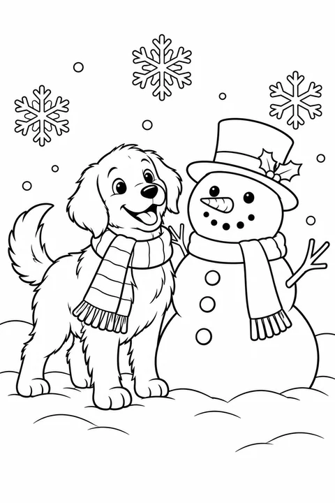 A dog with a scarf near a snowman and a few broad snowflakes