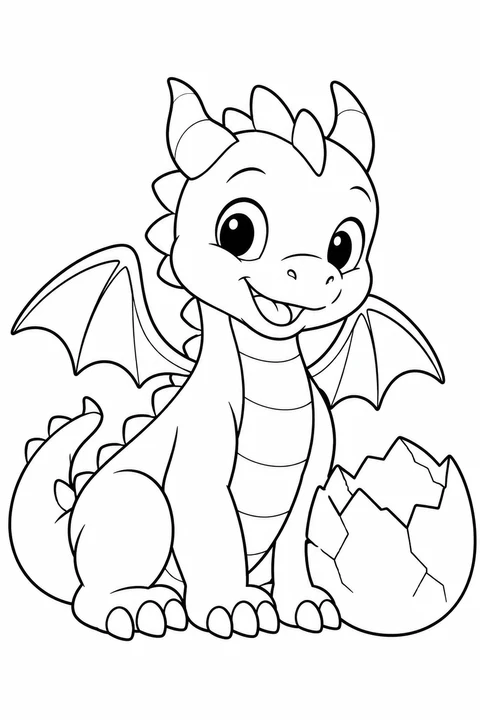 One friendly baby dragon sitting beside a cracked egg, four limbs and two small wings