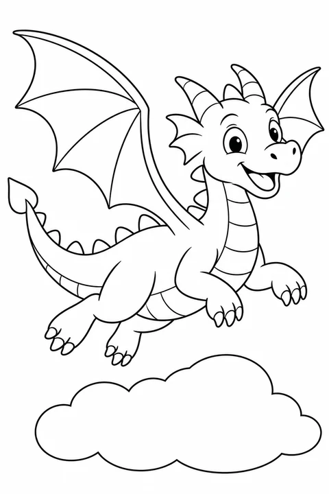 One friendly dragon flying with two wings and four clearly attached limbs above one cloud