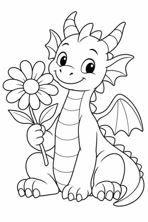 One seated dragon holding a large daisy with one forepaw