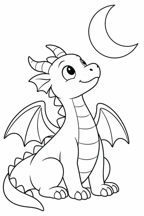 One dragon looking up at a crescent moon