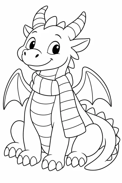 One seated dragon wearing a broad striped scarf
