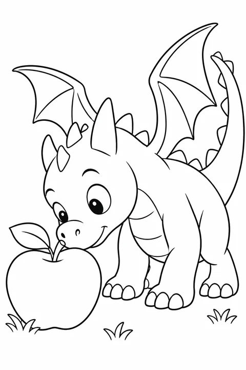One dragon sniffing a large apple on ground