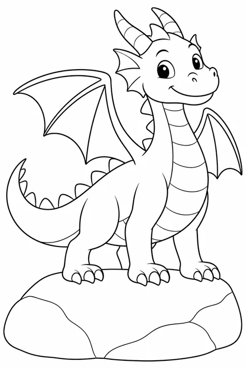 One friendly dragon standing on one broad rounded rock