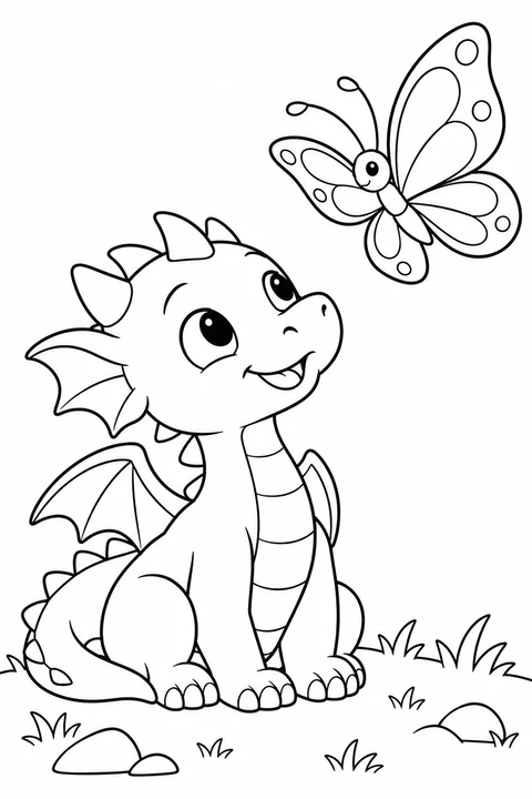 One baby dragon watching a single large butterfly