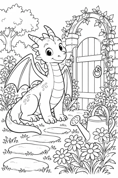 One dragon beside a garden gate, daisies and watering can