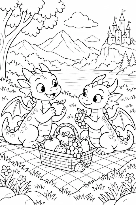 Two small dragons on a picnic blanket with fruit basket