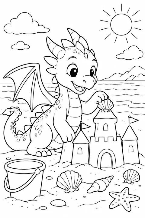 One dragon beside a sandcastle, bucket and shells