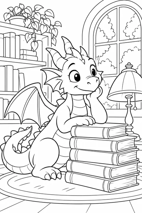 One dragon beside a pile of blank books and lamp