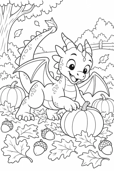 One dragon playing among pumpkins, acorns and fallen leaves