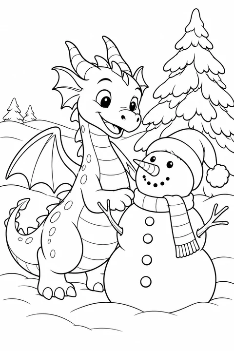 One dragon beside a snowman and a snowy fir tree