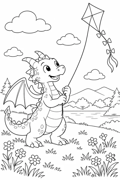 One dragon holding a kite string beside meadow flowers