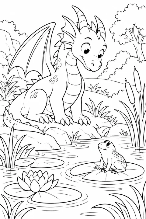 One dragon looking at a frog on lily pad by a reedy pond