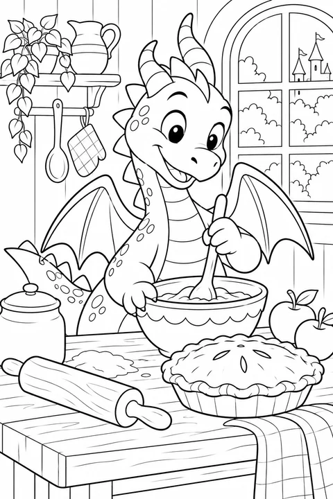 One storybook dragon beside a mixing bowl, rolling pin and pie on a table