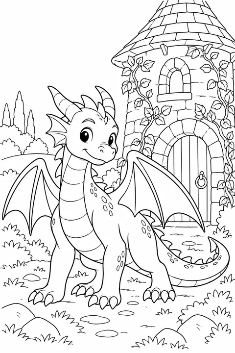 One dragon outside a small stone tower with arched doorway and climbing vines