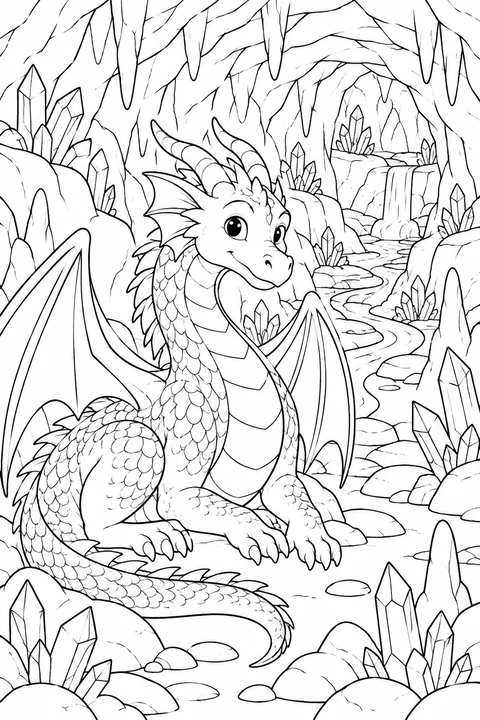 One friendly dragon in a detailed mountain cave with crystals, rounded rocks and a winding path