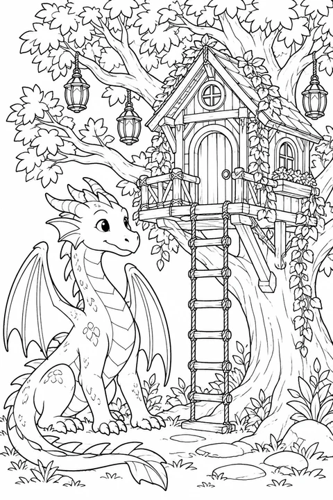 One dragon beside a detailed tree house with rope ladder, leaf canopy and lanterns
