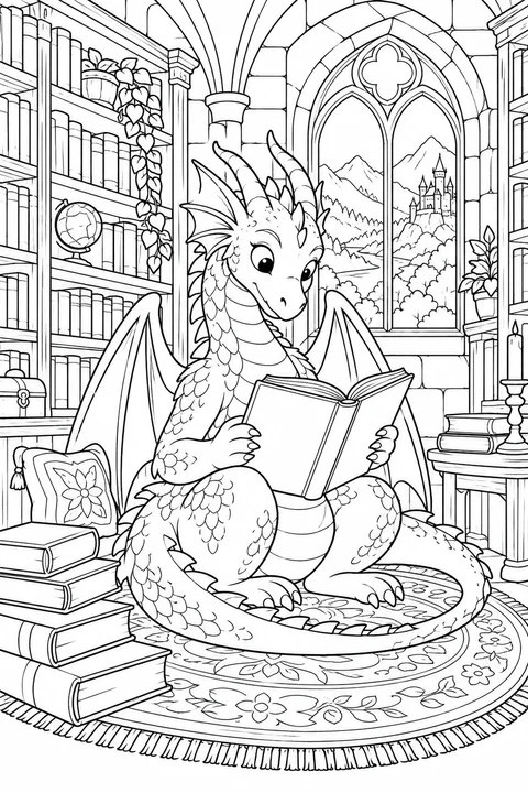 One dragon seated in a detailed library with blank books, rug and an arched window