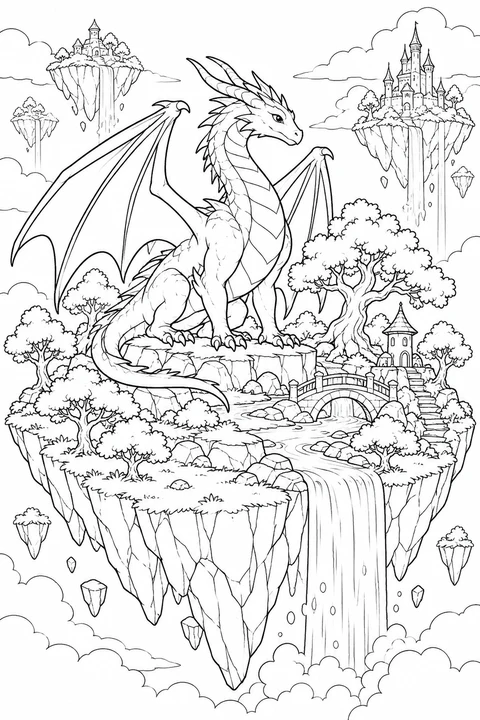 One dragon on a detailed floating island with waterfall, trees and distant cloud islands