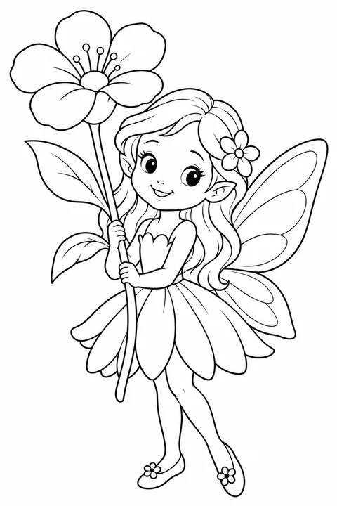 One original child-friendly fairy standing with a large flower, two arms two legs and two clearly attached wings