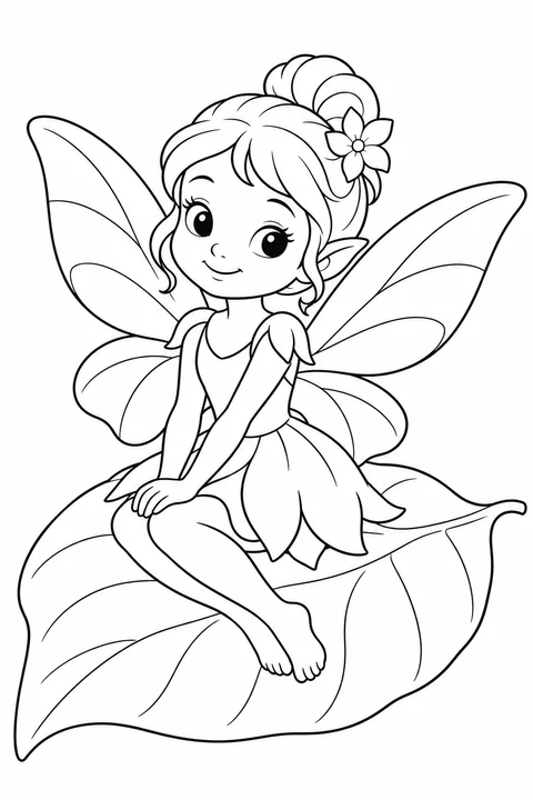 One fairy seated on a large broad leaf