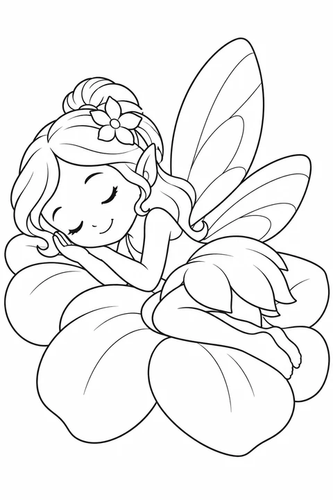 One fairy sleeping on a flower petal cushion