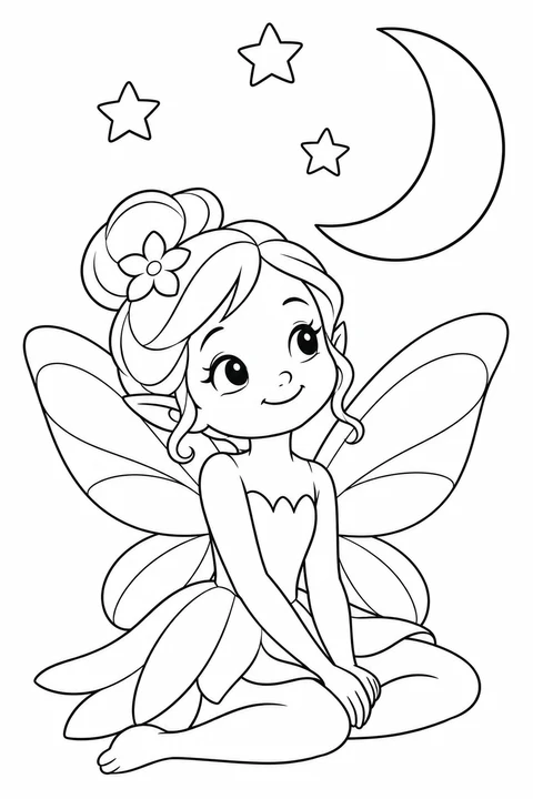 One seated fairy beneath a crescent moon and three stars
