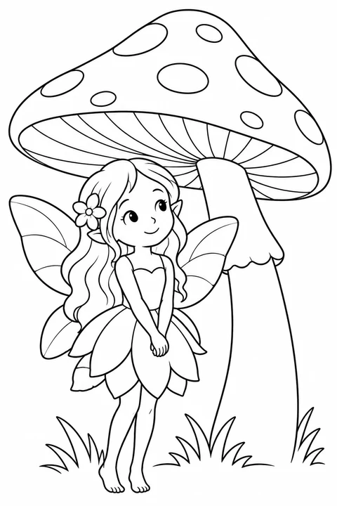 One fairy standing beneath one oversized mushroom cap