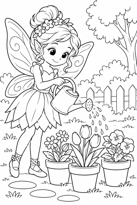 One fairy with watering can beside three flower pots
