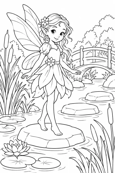 One fairy on a stepping stone beside reeds and a tiny bridge
