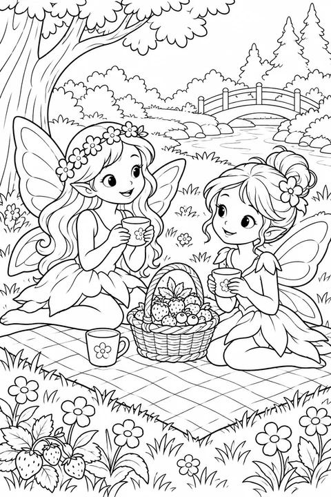 Two fairies on a picnic cloth with berry basket and cups