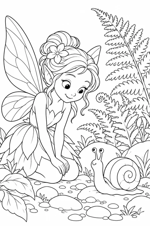 One fairy looking at a snail beside fern leaves and pebbles