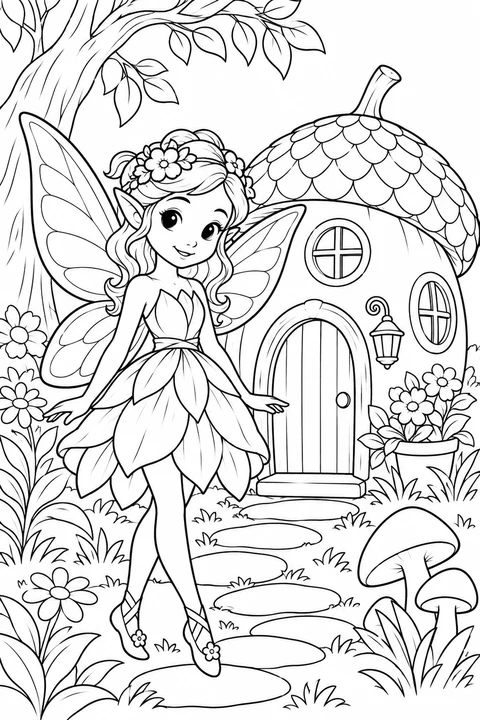 One fairy outside a small acorn cottage with round windows