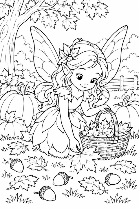 One fairy gathering leaves beside pumpkins and acorns